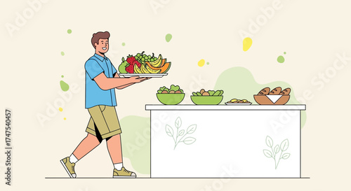 Man Carrying Fruits, Healthy Food Concept, Fresh Menu, Offering Delicious Foods, Buffet Display