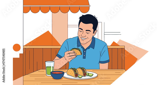 Man enjoying tacos at a restaurant, colorful vector illustration of a mealtime scene
