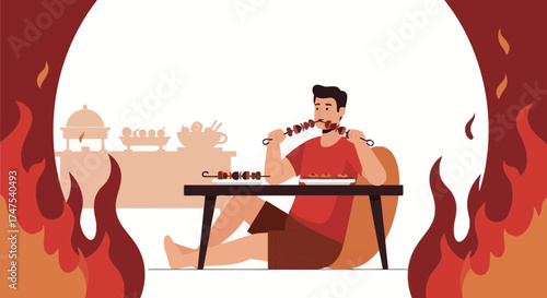 Man Enjoying Skewers Near Fire, Cartoon Illustration Depicting Fun Leisure Time