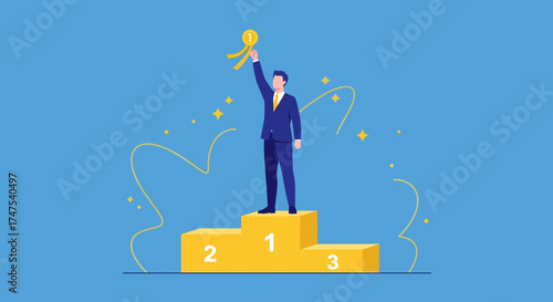 Man Celebrates Victory on Podium Achieving First Place Prize and Championship