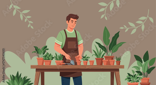 Man gardening and taking care of plants and flowers in pots, inside of a greenhouse or room layout