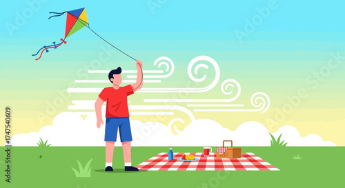 Man flying a kite during a picnic in the park on a sunny day vector illustration