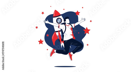 Man Flying With Rocket, Embracing The Future Of Flight And Adventure, Illustration