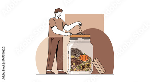 Man Filling a Jar with Seeds and Pumpkins: Concept of Food and Nutrition Style