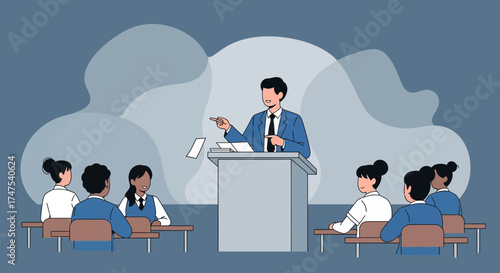 Man giving a presentation to students in classroom studying during a class session