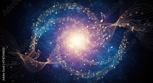 Celestial harmony music notes swirling in a cosmic nebula with golden light