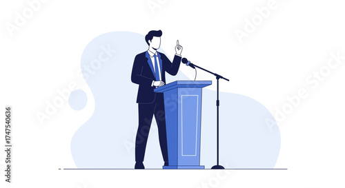 Man Giving Speech at Podium, Public Presentation, Debate, Conference, Business Illustration