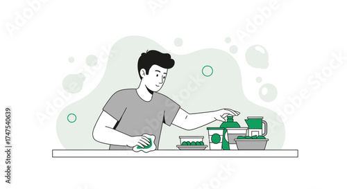 Man Cleaning Kitchen Surface with Soap and Dishes, Vector Illustration, Monochrome Design
