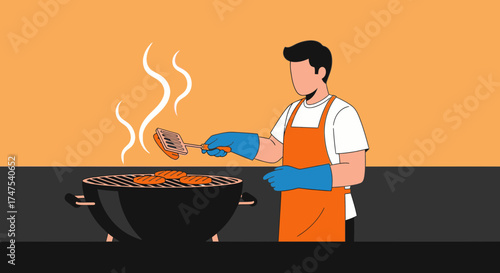 Man grilling at a barbecue enjoying a summer cookout outdoors preparing food