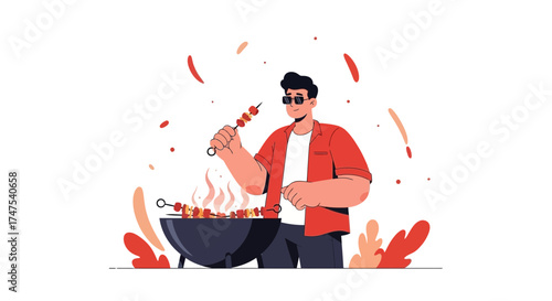 Man Grilling Barbecue On A Summer Day Enjoying The Delightful Outdoor Cookout