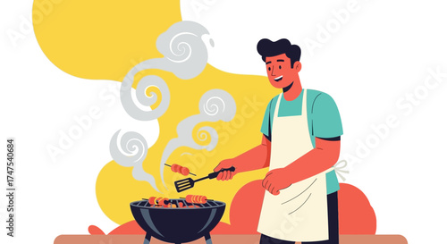 Man grilling barbecue outdoors preparing food on the grill with the smoke