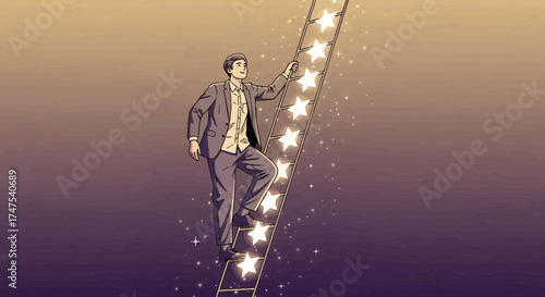 Man Climbing Stairway To Success Illuminated By Stars, Reaching For The Goal