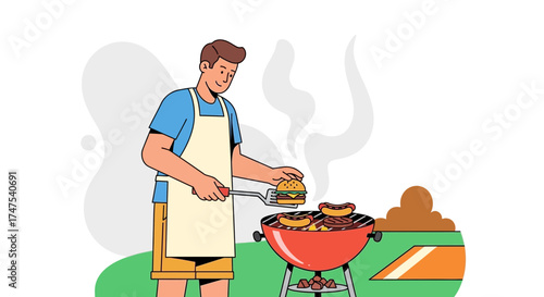 Man grilling burgers and sausages on a barbecue for summer fun outdoor cooking