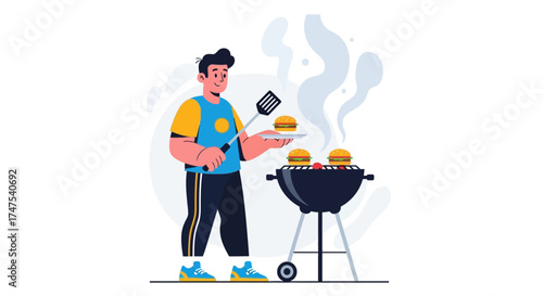 Man Grilling Burgers on a Barbecue Vector Illustration for Summer or Backyard BBQ food