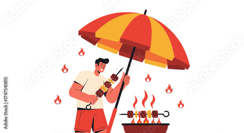 Man grilling kebabs outdoors in summer holding an umbrella for protection