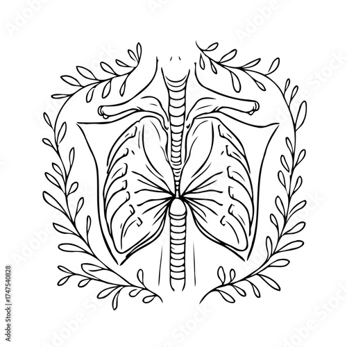 Botanical lungs illustration, a minimalist line drawing showcasing respiratory health and nature's