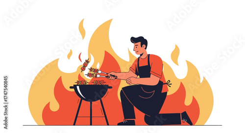 Man grilling meat on a barbecue surrounded by flames in vector illustration style