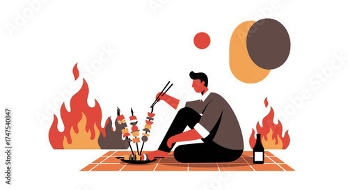 Man grilling skewers by a bonfire enjoying time outdoors with food and drinks