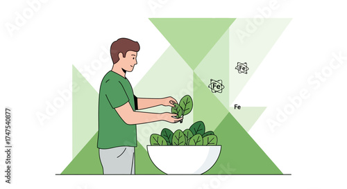 Man Harvesting Fresh Spinach, Promoting Healthy Eating, and Iron Rich Dietary Choices