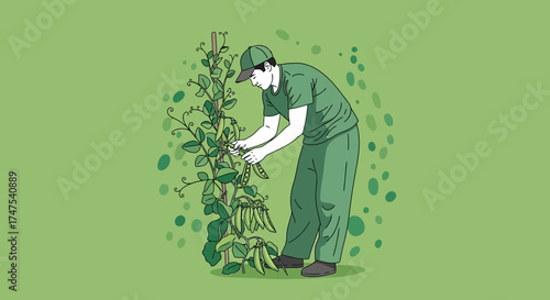 Man Harvesting Pea Pods In A Garden Illustration: A Harmony Of Green And Labor