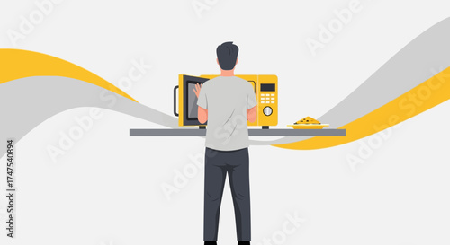 Man heating food in a microwave oven modern illustration design at home