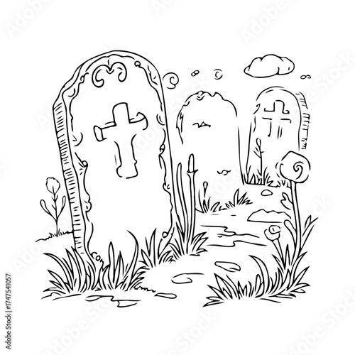 Cartoon illustration depicts gravestones in a desolate graveyard, evoking a somber yet whimsical