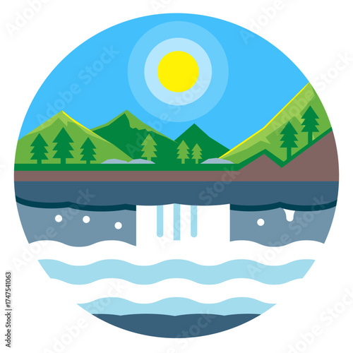 Hydroelectric dam with flowing river icon vector featuring mountains, pine trees, and bright sun in clean eco style.