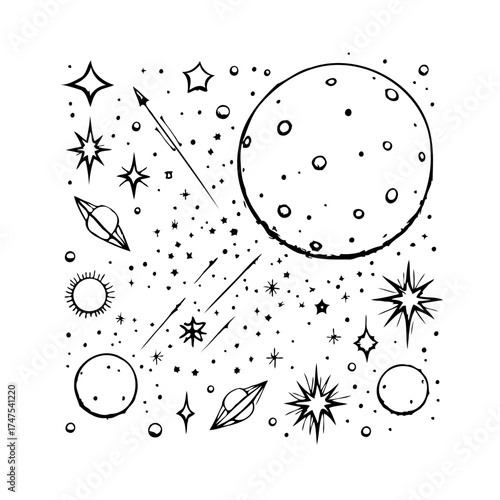 Celestial Symphony: A whimsical monochrome illustration featuring planets stars and cosmic dust
