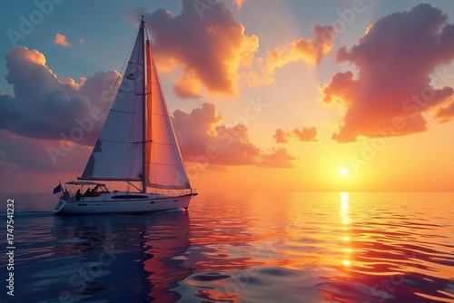 Majestic Sailboat at Sunset Tranquil Ocean Voyage, Serenity and Golden Light