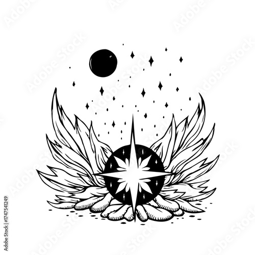 Celestial wings embrace navigational star under cosmic moon in monochrome fantasy illustration