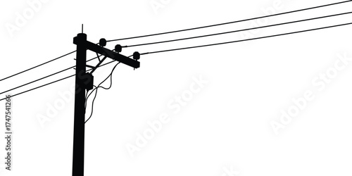 Black silhouette electric power pole with high voltage wires, minimal vector illustration of energy transmission line structure on white background, urban infrastructure design