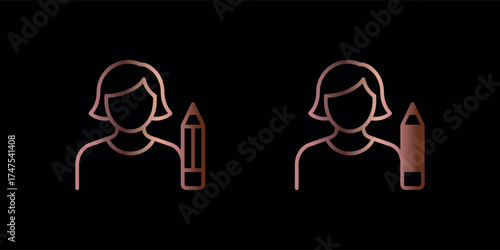 Rose Gold Writer Icon Set Woman with Pencil on Black Background Creative Profession