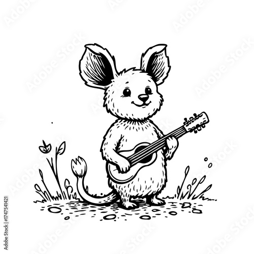Charming musical mouse serenades nature with guitar playing a delightful monochrome whimsical