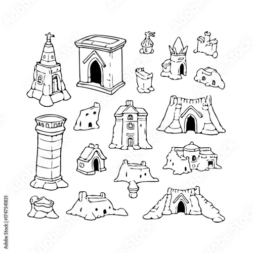 Collection of unique sketched buildings and structures reminiscent of fantastical realms