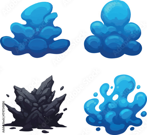 Collection of blue water splashes and black rock explosion