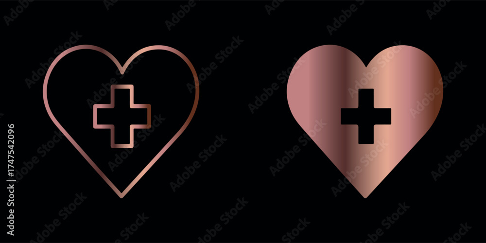 Obraz premium Rose Gold Heart with Plus Sign Icon Set for Healthcare and Medical Symbolism