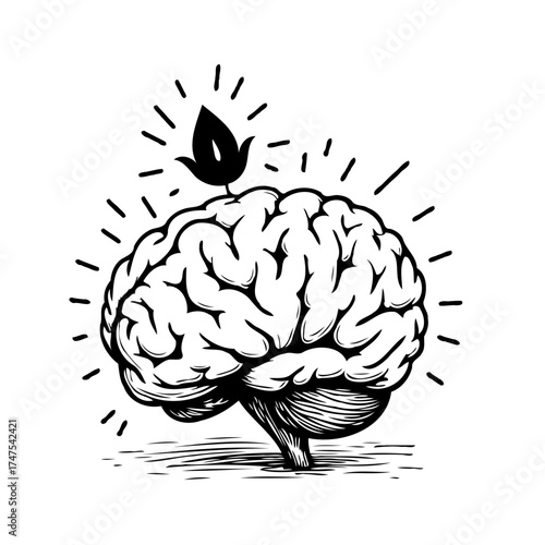 Conceptual brain illustration with sprouting leaf symbolizing growth potential and innovative