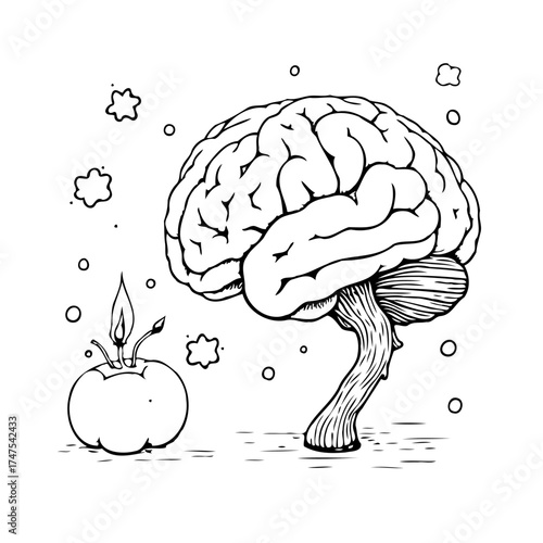 Conceptual brain illustration with creative fruit lighting a symbolic intellectual flame of
