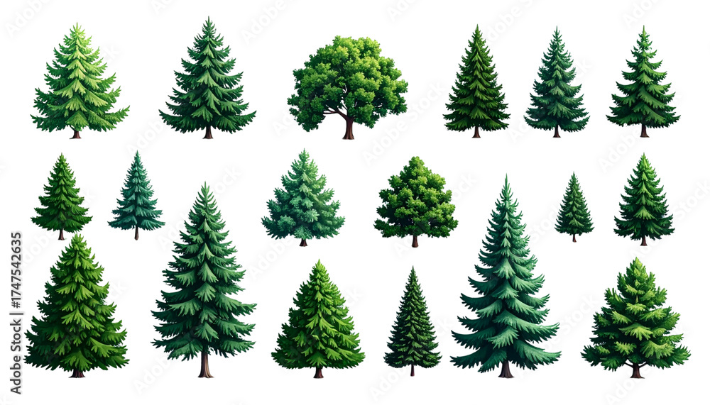 Obraz premium Twelve Unique Evergreen Tree Collection for Stock Design, Transparent Background PNG