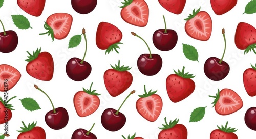 Vibrant seamless pattern of cherries and strawberries