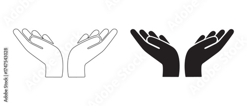 Open hands icons. isolated on white background, one in black and one in white.