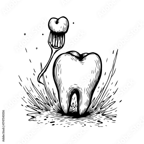 Dental health illustration showcasing a tooth with detailed line work and playful toothbrush