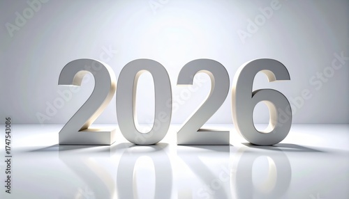 2026 3D numbers on white — clean minimal new year typography with soft shadows