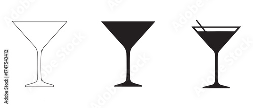 Martini Glass Icon Set. Outline, Solid, and Stirred Variants in Minimalist Black Design for Cocktail Graphics.