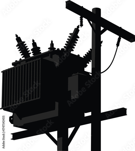 Black silhouette of electrical power transformer on utility pole, vector illustration of industrial energy distribution system and high voltage infrastructure design
