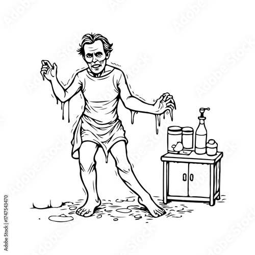 Distressed figure covered in dripping substance confronts a cluttered cabinet of potions and