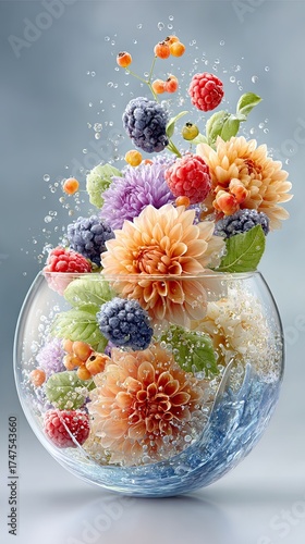 Vibrant Flowers and Berries in Glass Bowl with Water Splash