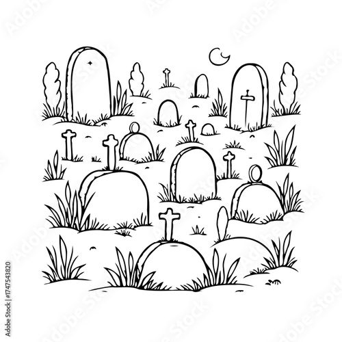 Eerie graveyard scene illustration featuring weathered tombstones beneath the moon casting eerie