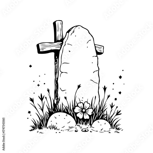 Eerie tombstone scene with a weathered wooden cross, surrounded by vegetation in grayscale