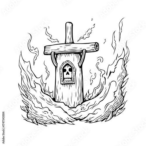 Eerie wooden structure engulfed in flames with a skull peeking through a window illustration of